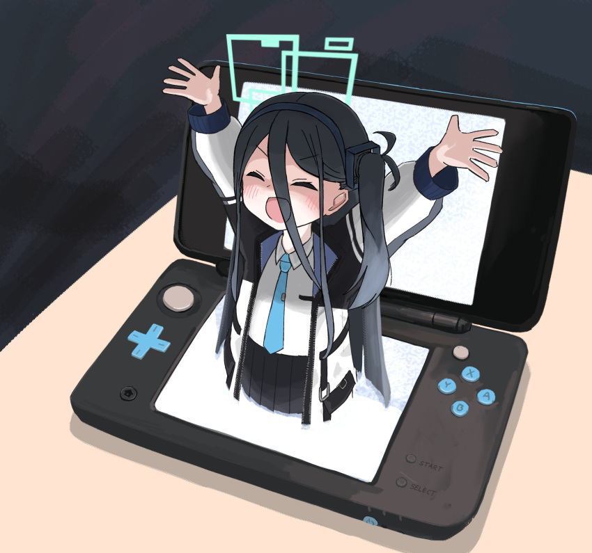 1girl, aqua_halo, aris_(blue_archive), arms_up, black_hair, black_skirt, blue_archive, blue_necktie