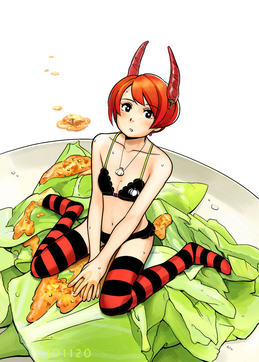 bikini, chili, copyright_request, food, garlic, girl_in_food, highres, in_food