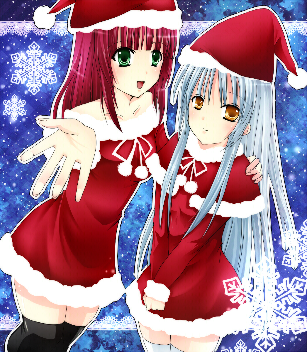 blue_hair, christmas, green_eyes, highres, long_hair, pinoyama, purple_hair, short_hair, snowflakes, tachibana_kanade, tachibana_kanade, thighhighs, yellow_eyes, yuri_(angel_beats!)