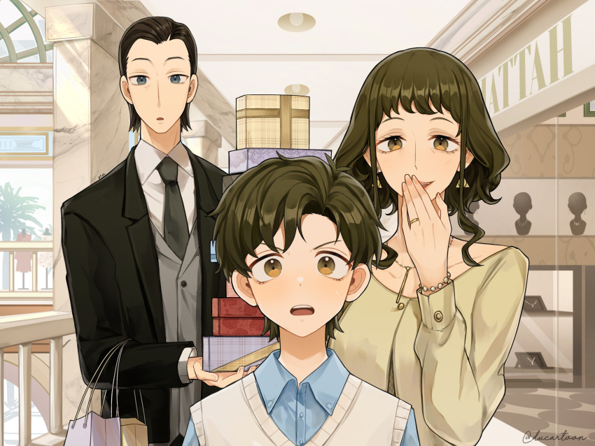 1girl, 2boys, absurdres, aged_up, bag, black_eyes, black_hair, black_jacket