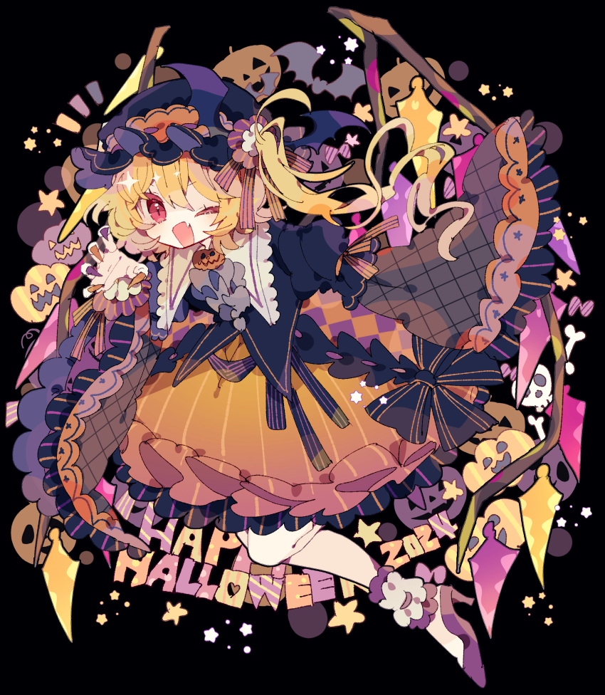 1girl, 2024, absurdres, alternate_costume, bat_(animal), bat_hat_ornament, black_background, black_hat