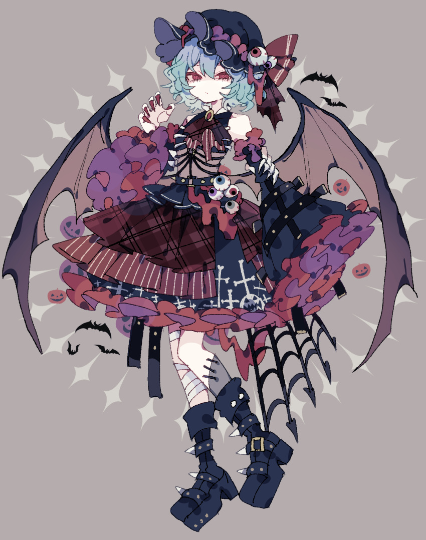 1girl, :/, alternate_costume, ascot, bandaged_leg, bandages, bat_(animal), bat_wings