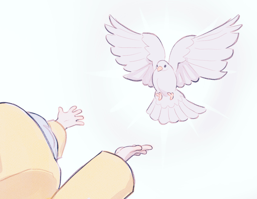1girl, aura, bird, blue_hair, dove, jubilee_2025, looking_up, luce_(jubilee_2025), outstretched_arms, rodecchi, simple_background, wide_sleeves, yellow_raincoat