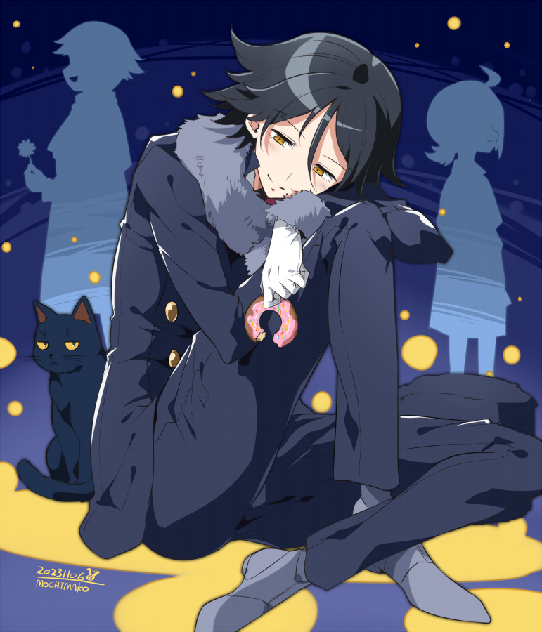 1boy, bitten, black_cat, black_hair, black_jacket, black_pants, buttons, cat, closed_mouth, commentary_request, doughnut, food, fur_trim, galleria_no_chika_meikyuu_to_majo_no_ryodan, gloves, jacket, kitkat_(majo_no_ryodan), mochimako_(mushikera_hoi2), pants, shadow, short_hair, sitting, white_gloves, yellow_eyes