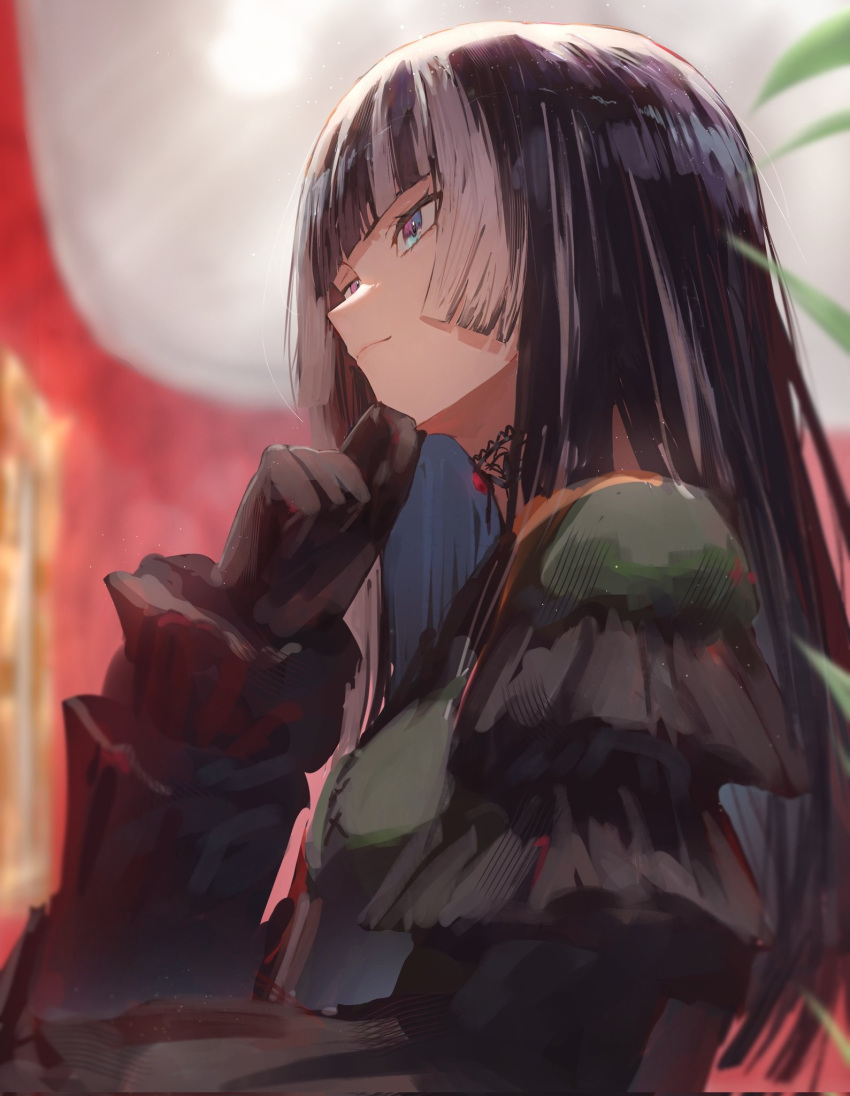 1girl, black_eyeliner, blunt_bangs, choker, eyeliner, gothic_lolita, hand_on_own_chin, highres