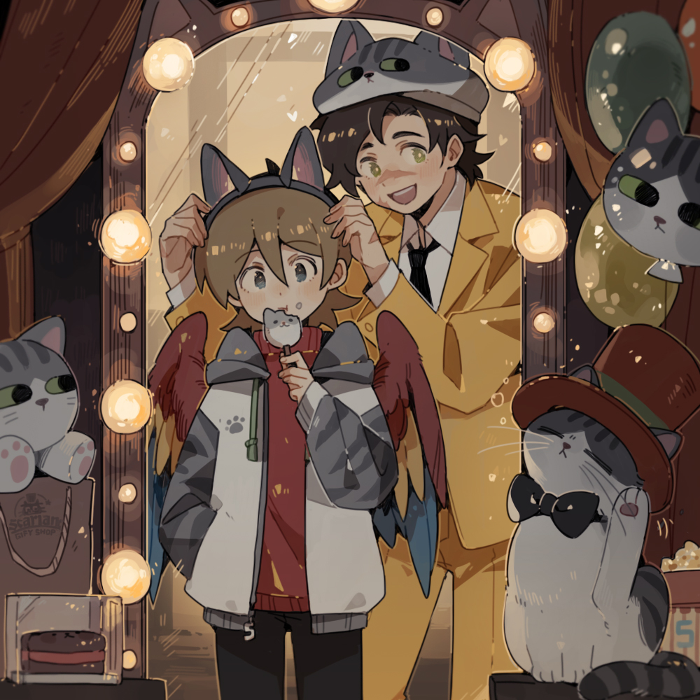 2boys, adapted_costume, animal, animal-themed_food, animal_ears, animal_hat, balloon, bird_boy