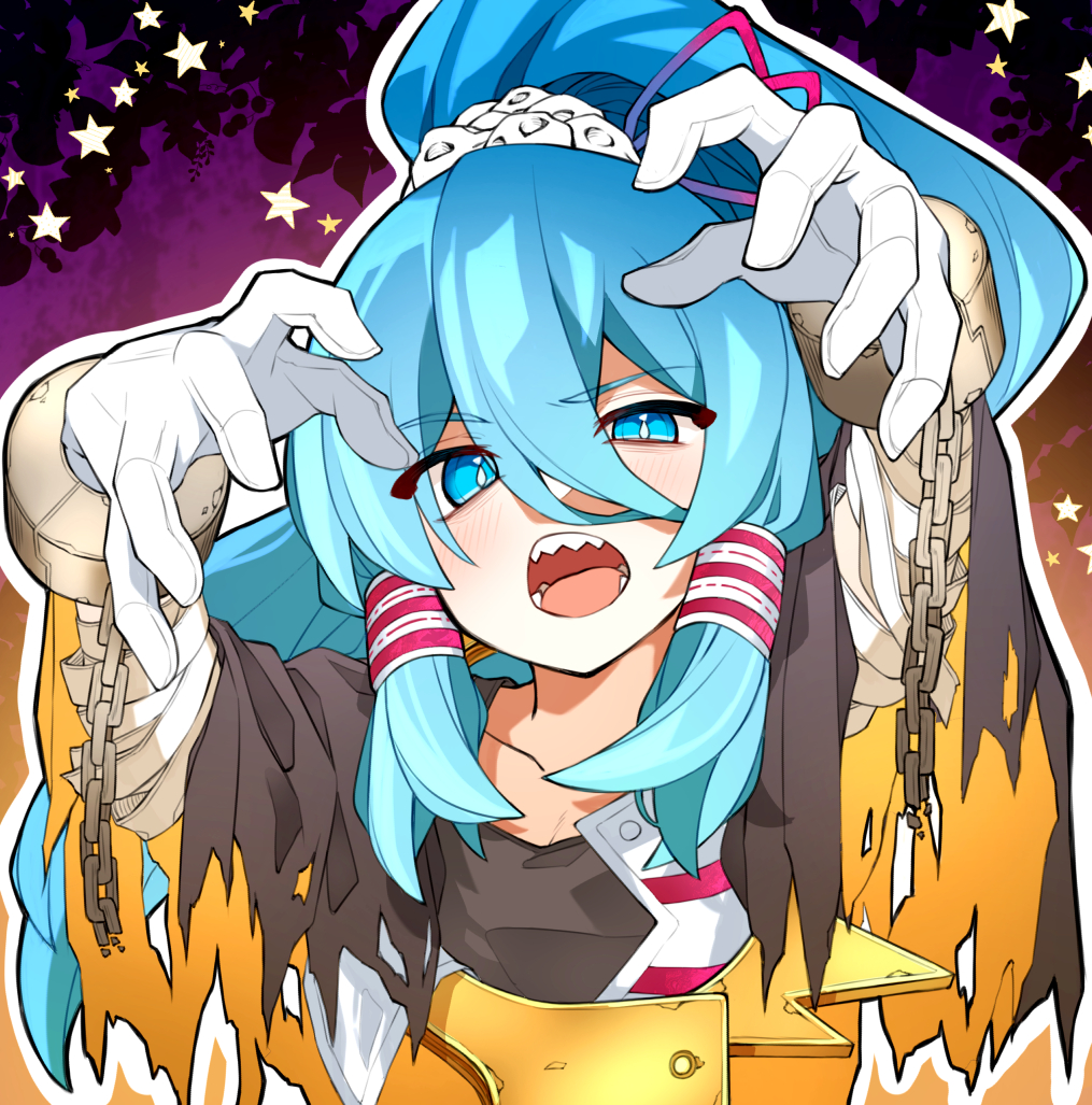 1girl, bandaged_arm, bandages, blue_hair, brown_shirt, ch00suke, commentary, english_commentary