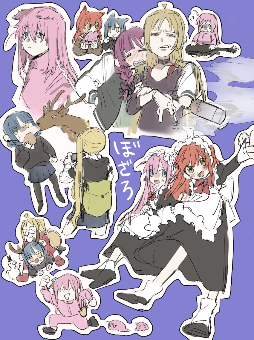 6+girls, ahoge, animal_ears, apron, backpack, bag, biting, biting_cheek