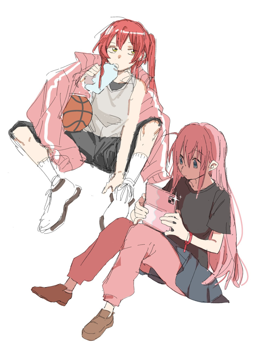 2girls, ball, basketball_(object), black_shirt, black_shorts, black_skirt, blue_eyes, bocchi_the_rock!