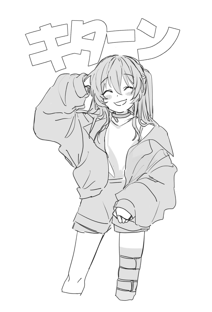 1girl, bocchi_the_rock!, choker, closed_eyes, greyscale, grin, hand_in_own_hair, highres