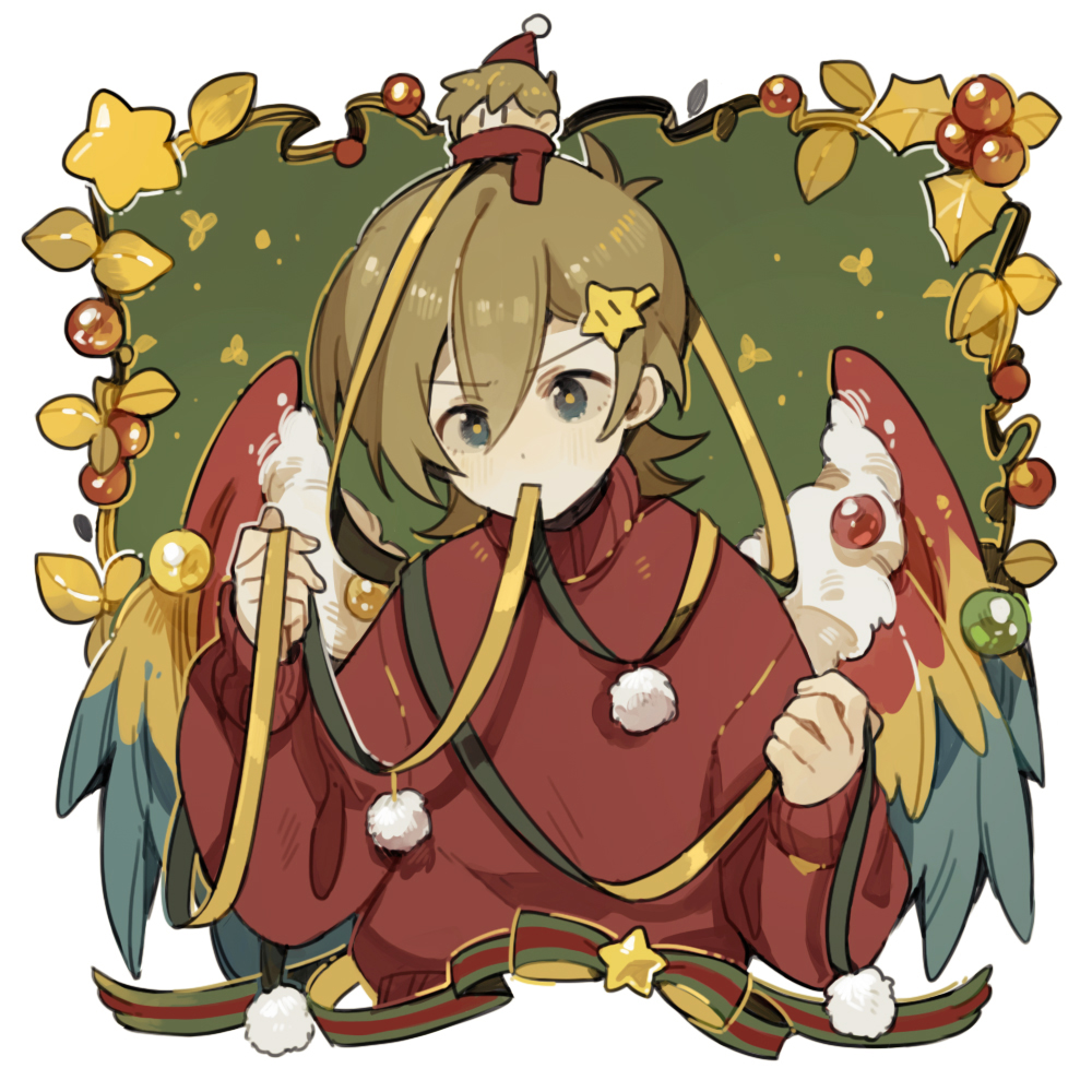 1boy, bird_boy, bird_wings, bishounen, bow, brown_hair, christmas, commentary