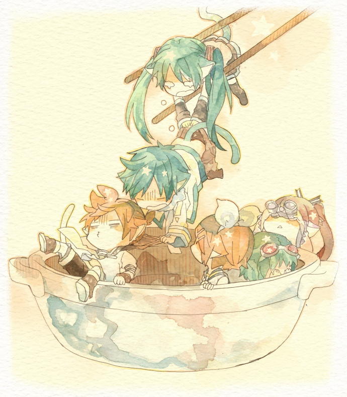 binoculars, bowl, cat_ears, cat_tail, chibi, chopsticks, detached_sleeves, goggles