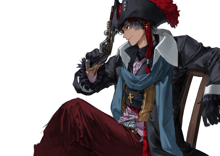 1boy, absurdres, antique_firearm, bartholomew_roberts_(fate), black_gloves, black_hair, blue_eyes, blue_scarf