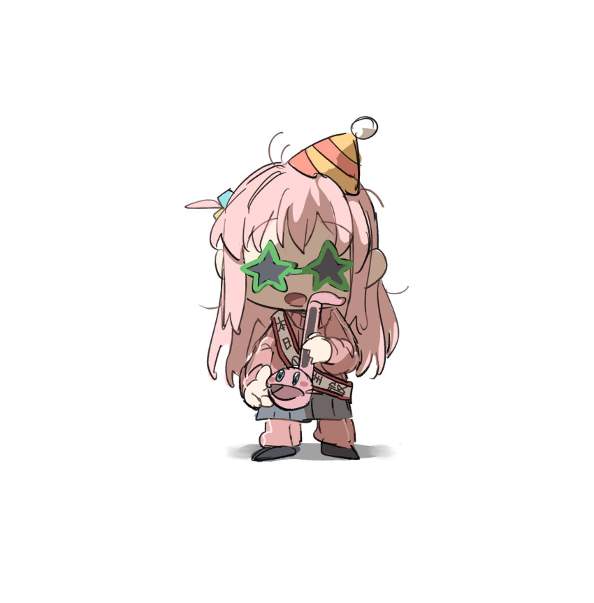 1girl, bocchi_the_rock!, cube_hair_ornament, eighth_note, gotoh_hitori, grey_skirt, hair_ornament, hat