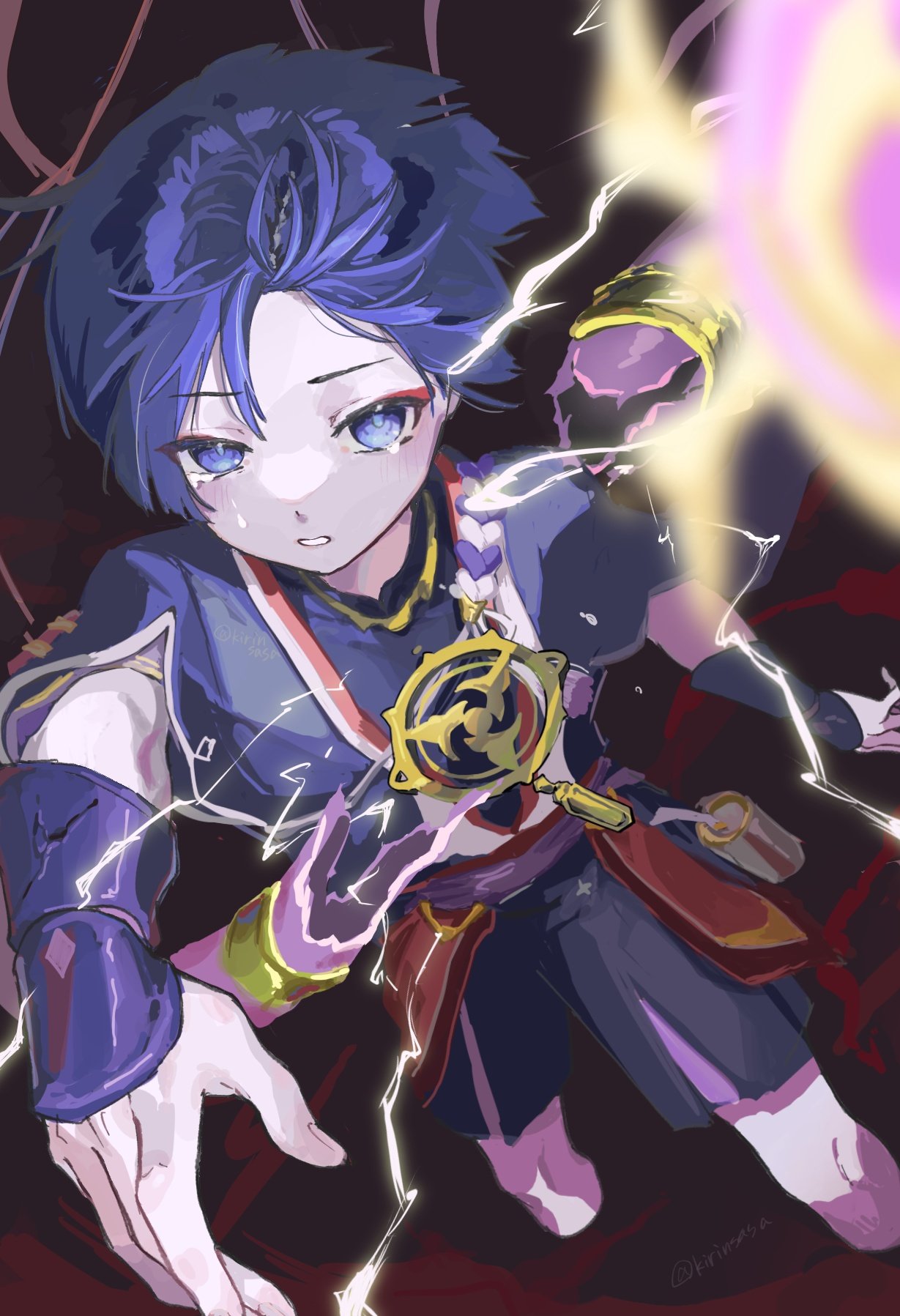 1boy, arm_at_side, armor, black_bodysuit, black_kimono, black_shorts, black_sleeves, blue_hair