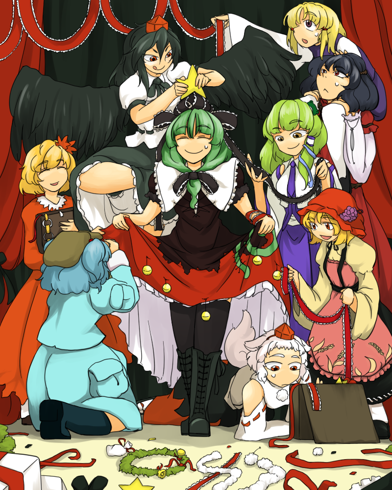 aki_shizuha, bell, black_legwear, black_thighhighs, box, chiyoshi_(sevendw), christmas, dress