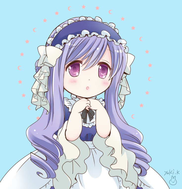 1girl, aria_(sister_princess), artist_name, blue_background, blush, bow, commentary_request, crescent