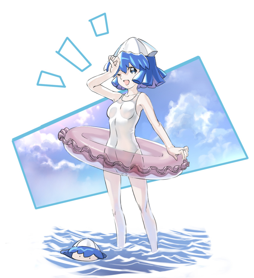 alternate_hairstyle, blue_eyes, blue_hair, flat_chest, hat, highres, ikamusume, innertube