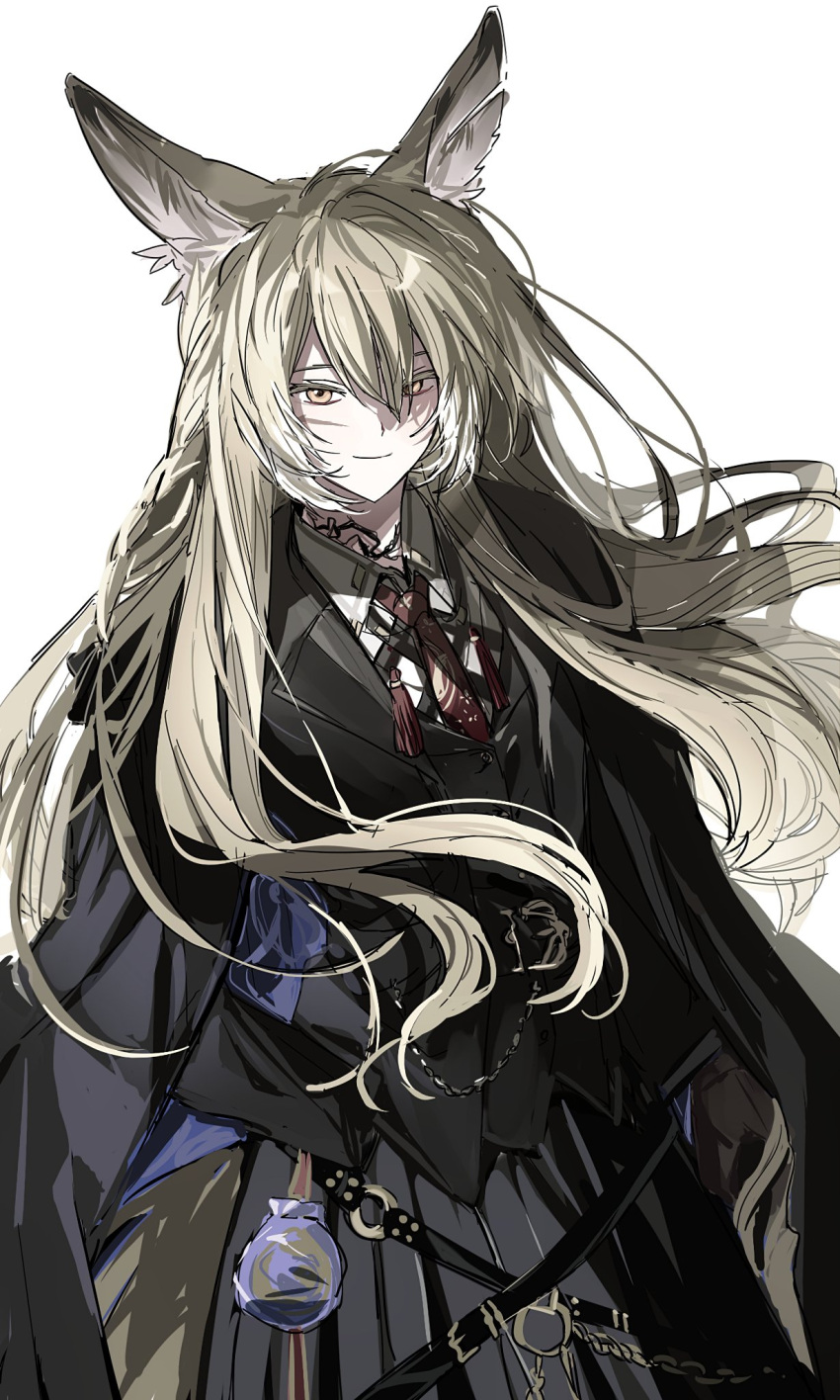 1girl, animal_ears, arknights, black_jacket, black_skirt, blonde_hair, brown_necktie, closed_mouth