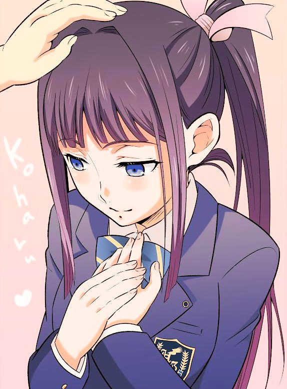1girl, black_hair, blazer, blue_eyes, character_name, hair_ribbon, hands_on_own_chest, headpat