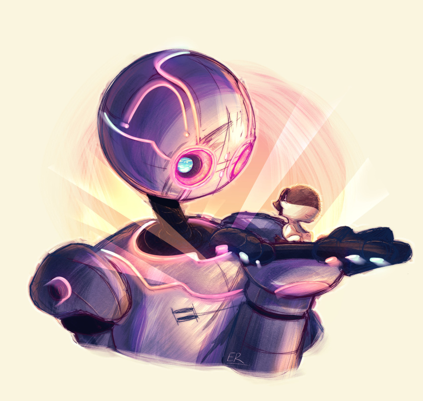 animal, bird, brightbill_(the_wild_robot), clip_studio_paint_(medium), commentary, english_commentary, gold07arts, goose, gosling, highres, mechanical_hands, non-humanoid_robot, painterly, robot, rozzum_unit_7134, the_wild_robot