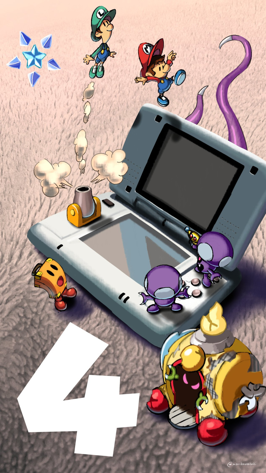 artist_name, baby_luigi, baby_mario, blue_footwear, blue_overalls, cannon, green_footwear, handheld_game_console