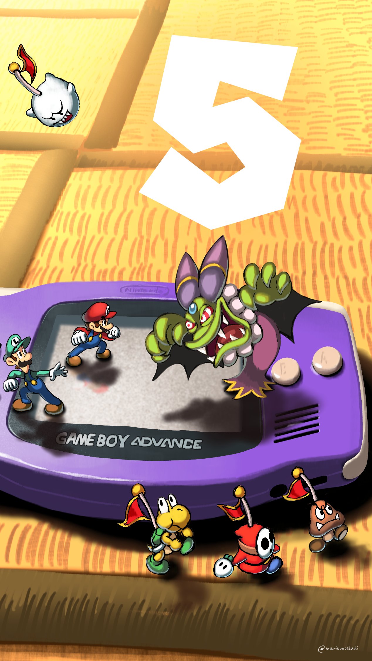 artist_name, blue_footwear, blue_overalls, boo_(mario), brown_footwear, game_boy_advance, ghost, gloves