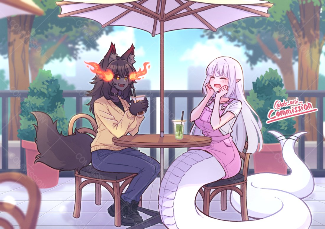 2girls, animal_ears, bubble_tea, bush, cardigan, closed_eyes, colored_sclera, colored_skin