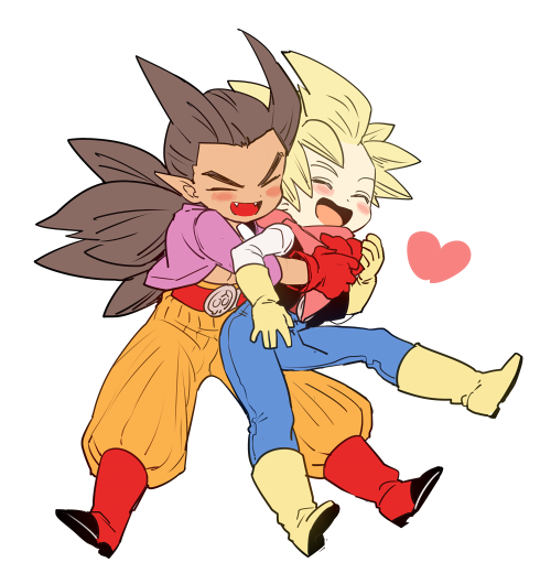 2boys, black_vest, blonde_hair, blue_pants, bone_necklace, boots, brown_hair, closed_eyes