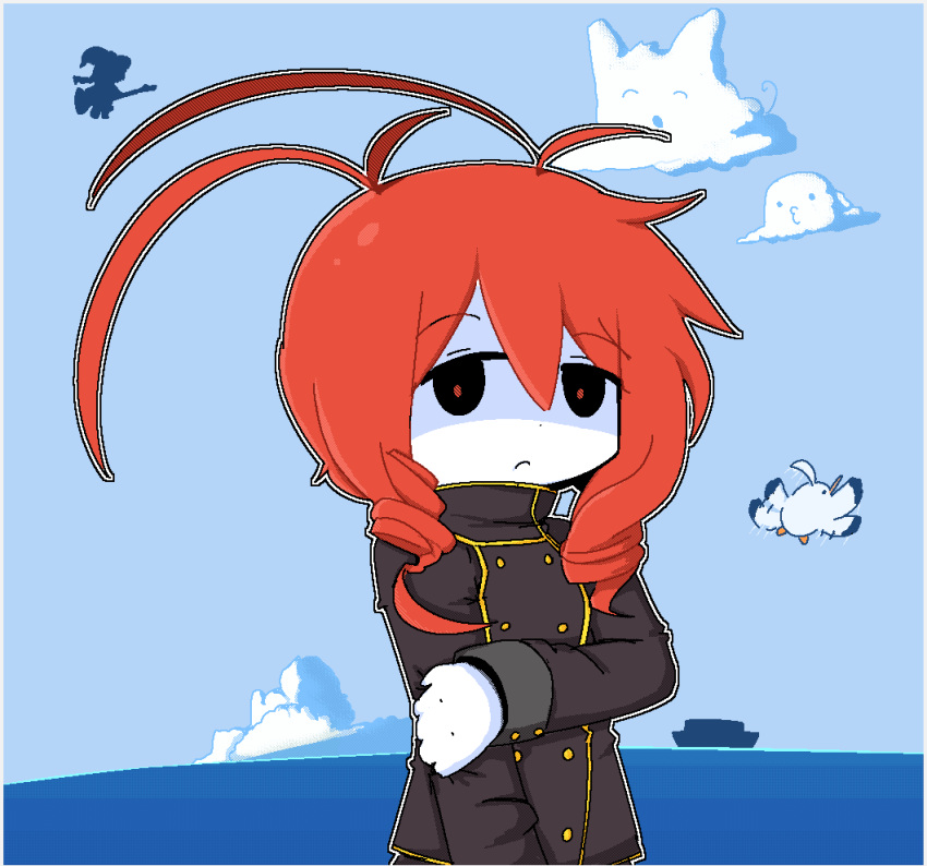1girl, absurdres, antenna_hair, antennae, black_jacket, buttons, clouds, colored_skin, curly_hair, double-breasted, double-parted_bangs, drill_hair, frown, funamusea, gloves, gold_trim, grabbing_own_arm, high_collar, highres, jacket, lobco_(funamusea), lobster_girl, long_sleeves, looking_at_viewer, neppyseagull, ocean, oounabara_to_wadanohara, outline, red_eyes, redhead, shaded_face, short_hair, silhouette, sky, solo, upper_body, white_gloves, white_outline, white_skin