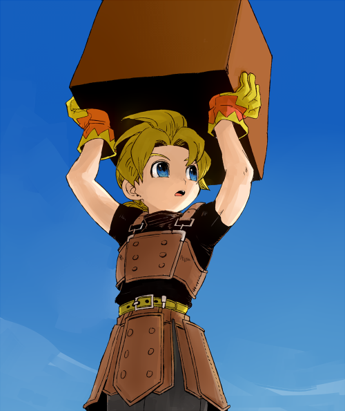 1boy, armor, black_shirt, blonde_hair, blue_eyes, blue_sky, carrying_overhead, commentary_request