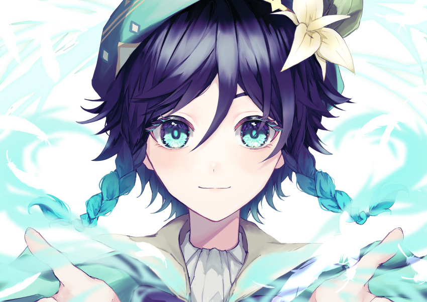 1boy, aqua_cape, aqua_eyes, aqua_hair, aqua_hat, beret, black_hair, braid