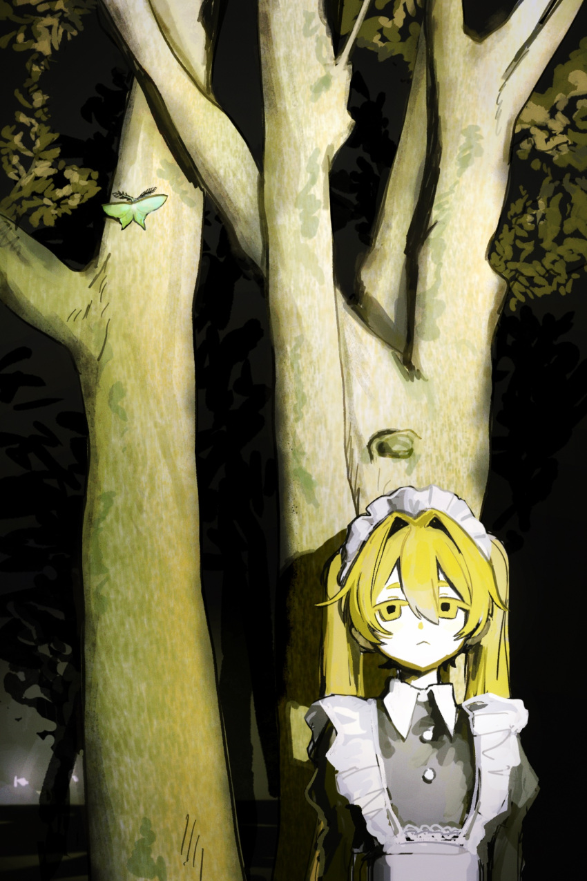 1girl, :<, apron, blonde_hair, bug, colored_eyelashes, hair_intakes, highres