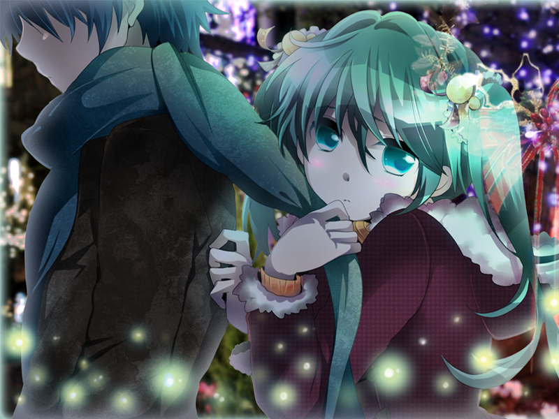 1girl, aqua_eyes, aqua_hair, blue_hair, blush, christmas, couple, green_eyes