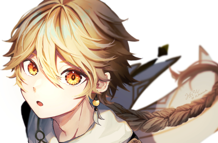 1boy, aether_(genshin_impact), artist_name, black_shirt, blonde_hair, braid, commentary_request, earrings