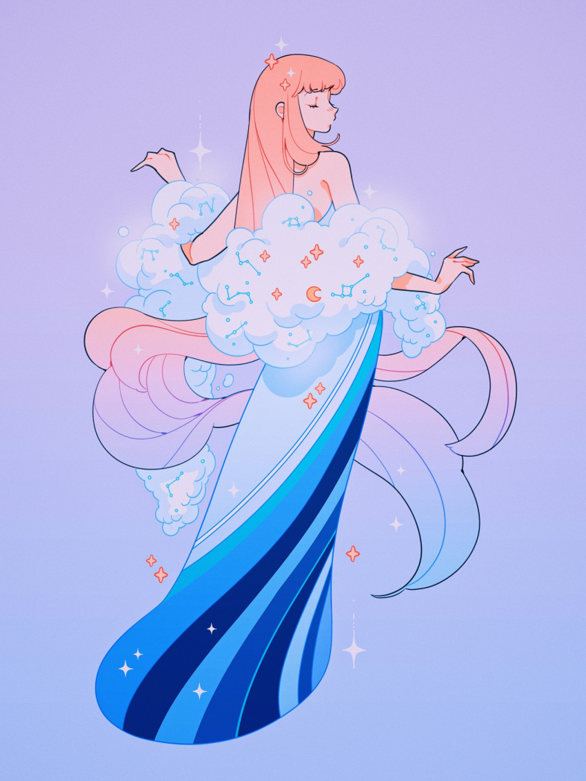 1girl, absurdly_long_hair, bare_shoulders, blonde_hair, blue_background, blue_dress, blue_hair, closed_eyes
