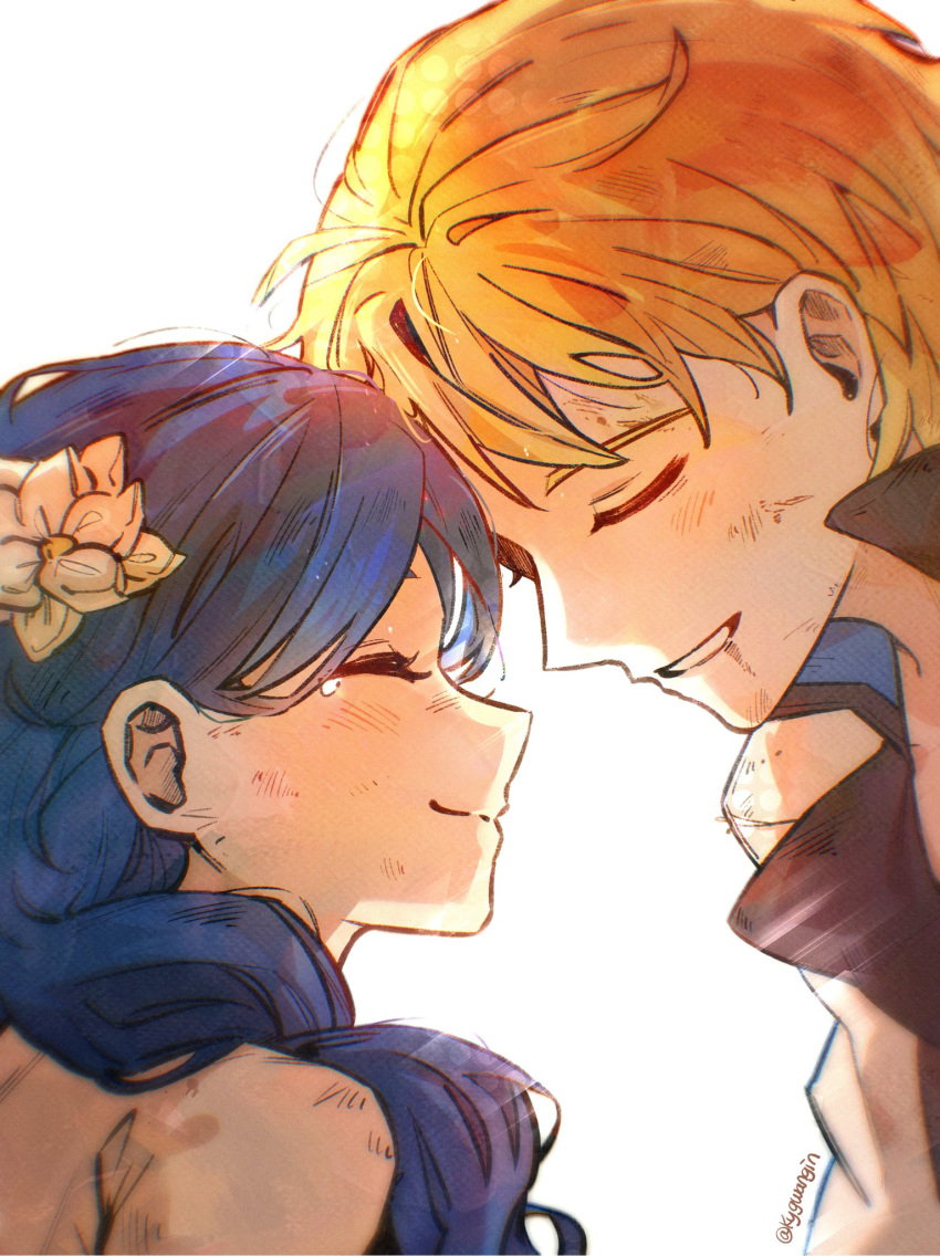 1boy, 1girl, ^_^, blonde_hair, blue_hair, closed_eyes, closed_mouth, commentary