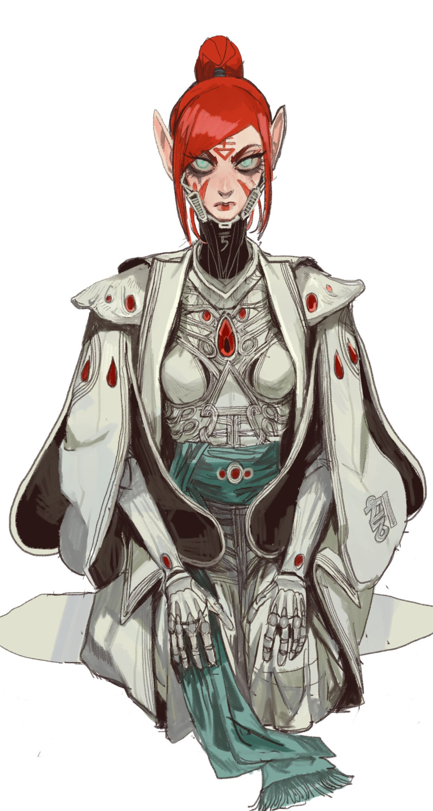 1girl, alien, armor, blue_eyes, capelet, eldar, eldar_(symbol), elf, facepaint, highres, mossacannibalis, pointy_ears, ponytail, red_facepaint, redhead, sash, seiza, shadow, simple_background, sitting, warhammer_40k, white_background