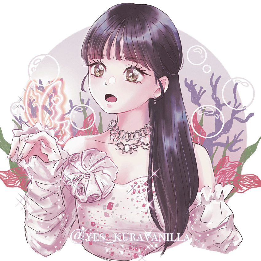 1girl, aespa, bare_shoulders, black_hair, blunt_bangs, bubble, circle, commentary_request