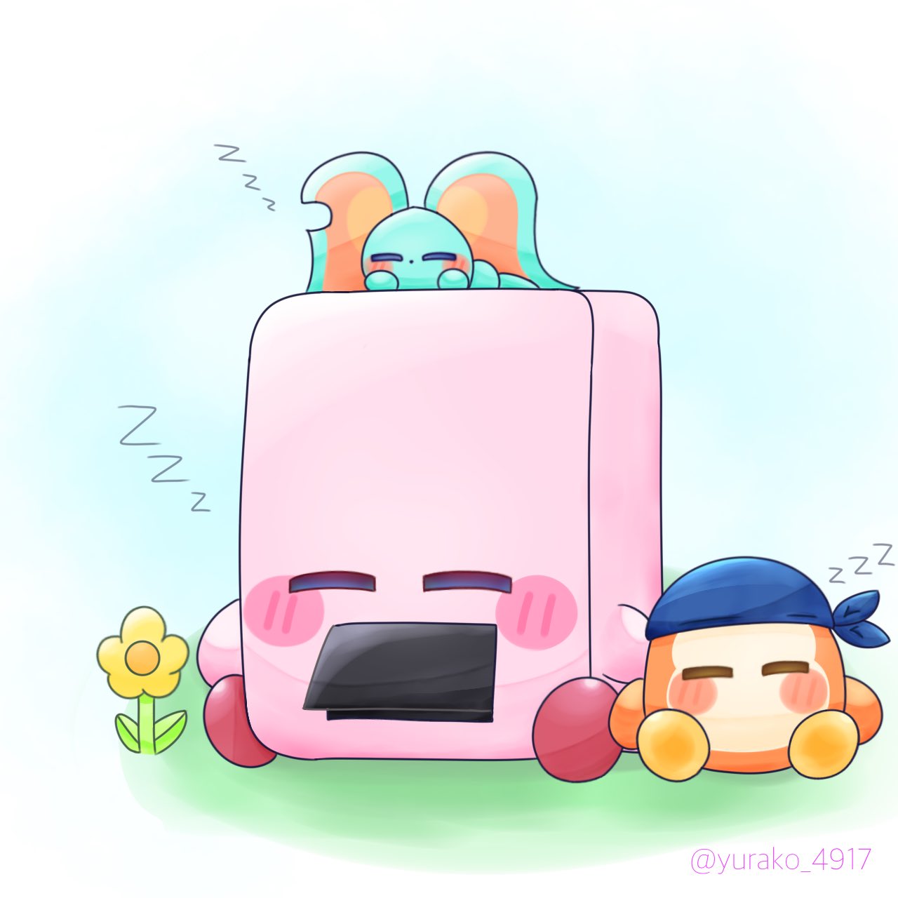 bandana_waddle_dee, blue_background, border, elfilin, flower, green_background, highres, kirby