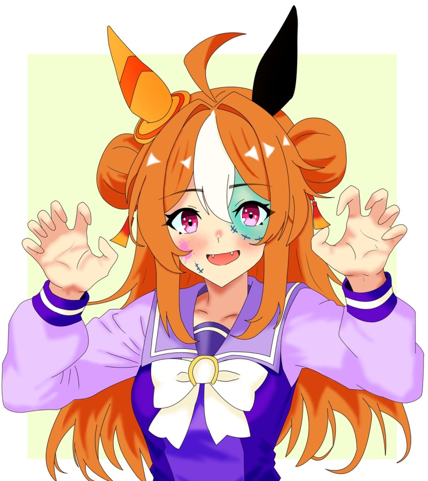 1girl, ahoge, animal_ears, blush, breasts, brown_hair, commentary_request, copano_rickey_(umamusume)