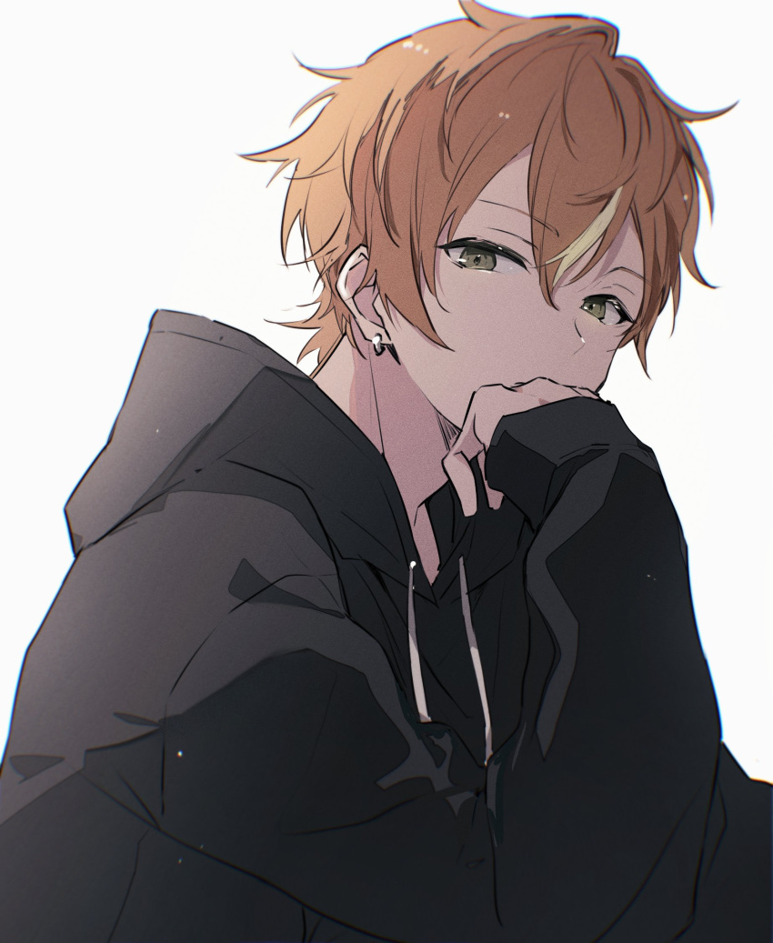 1boy, adam's_apple, arm_up, black_hoodie, brown_eyes, covered_mouth, covering_own_mouth, drawstring