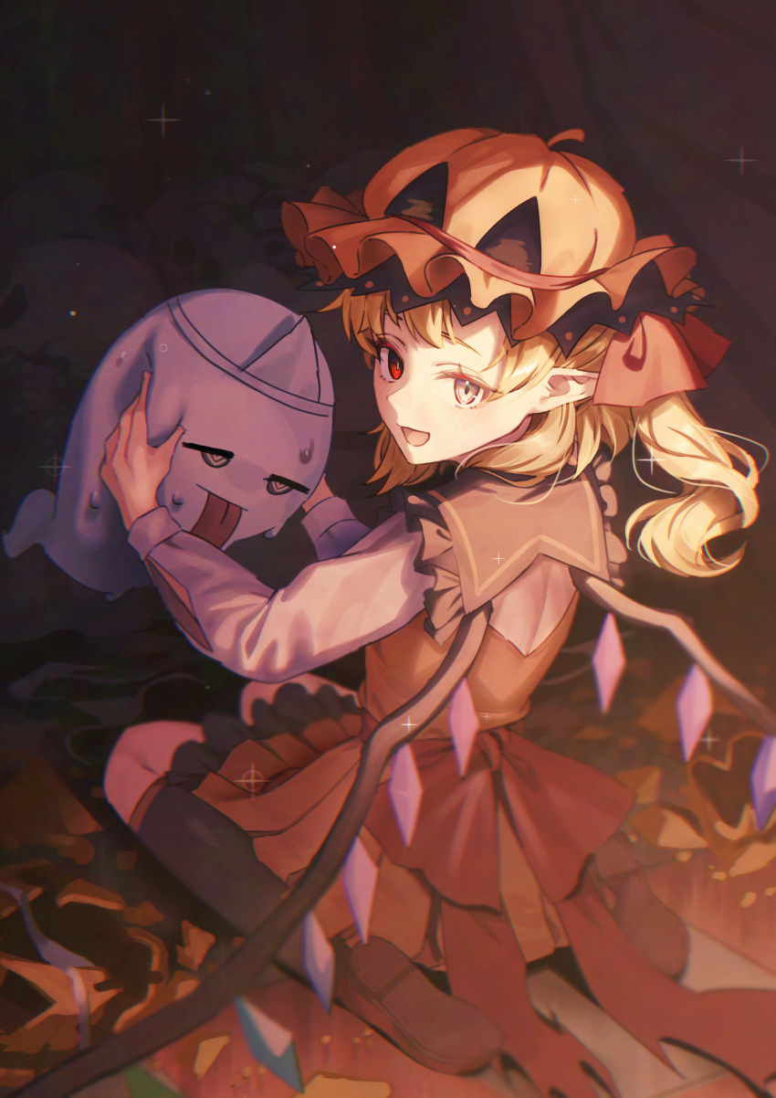 1girl, absurdres, adapted_costume, black_socks, blonde_hair, crystal_wings, flandre_scarlet, ghost