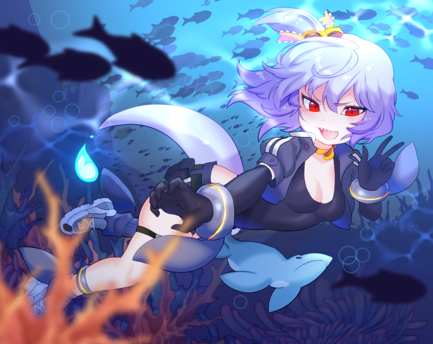 1girl, black_gloves, commission, commissioner_upload, fish, gloves, hair_ribbon, highres, jacket, leotard, looking_at_viewer, mosasaurus, original, red_eyes, ribbon, salina_(teuthidan), sharp_teeth, short-sleeved_jacket, short_hair, short_sleeves, tail, teeth, twibli1, underwater, v
