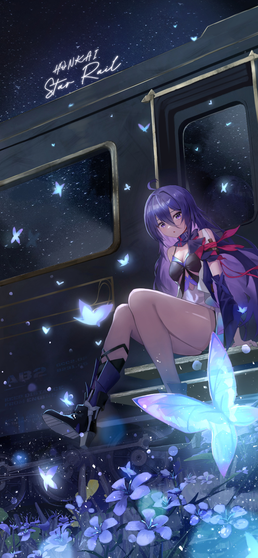 absurdres, ahoge, arm_scarf, armband, astral_express_(honkai:_star_rail), bandana_around_arm, bare_shoulders, blue_hair