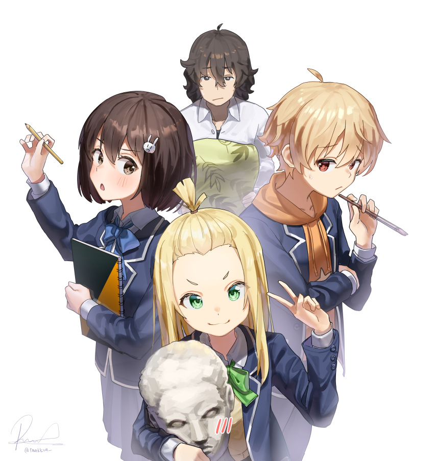 2boys, 2girls, absurdres, black_hair, blazer, blonde_hair, blue_bow, blue_bowtie