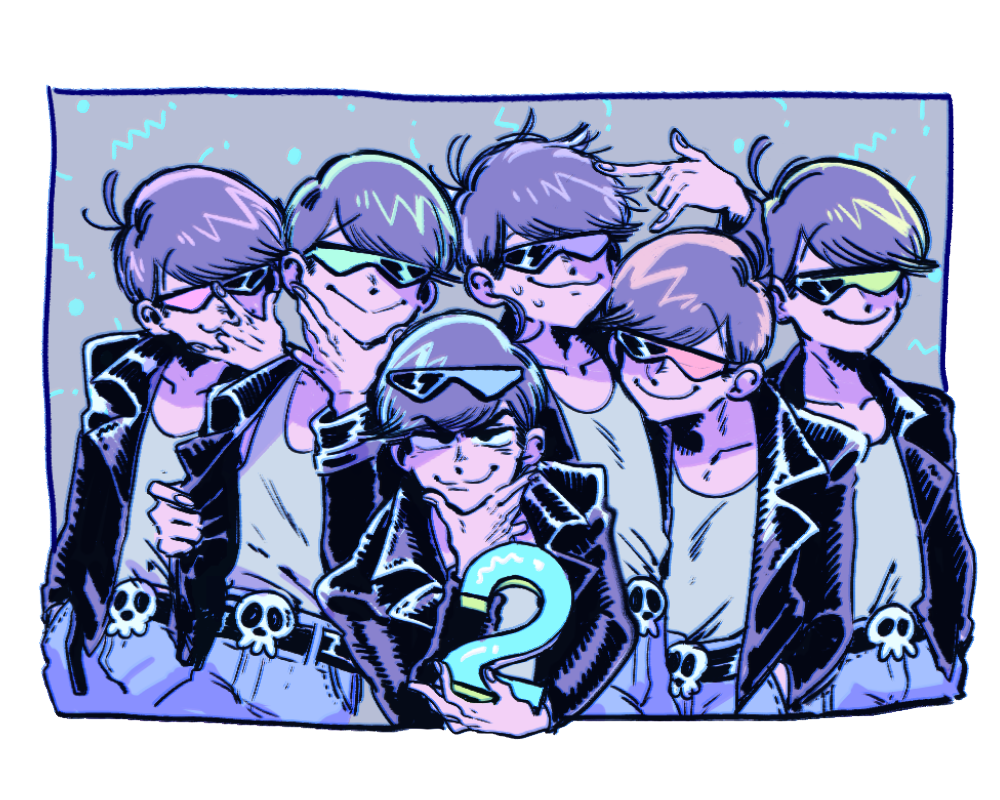 6+boys, :>, adjusting_eyewear, ahoge, black_hair, brothers, eyewear_on_head, hand_on_own_chin