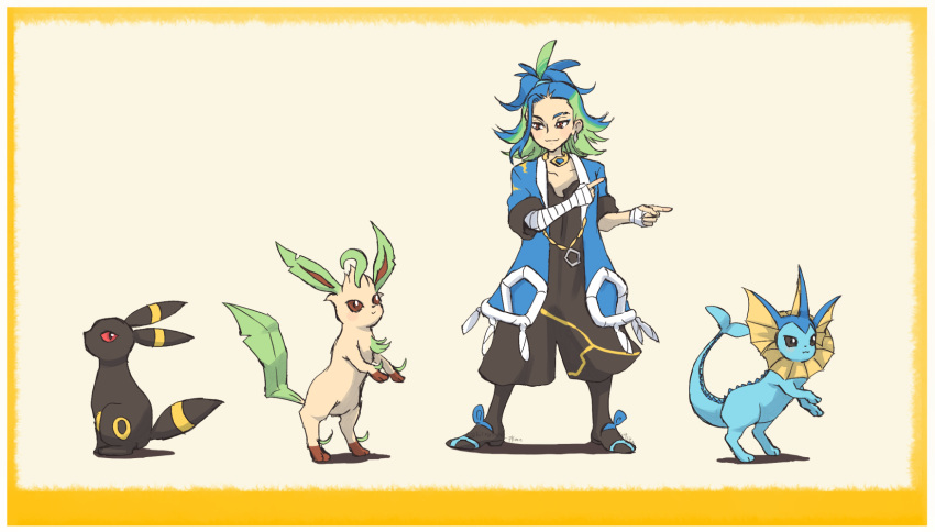 1boy, adaman_(pokemon), blue_hair, brown_eyes, closed_mouth, dancing, fins, green_hair