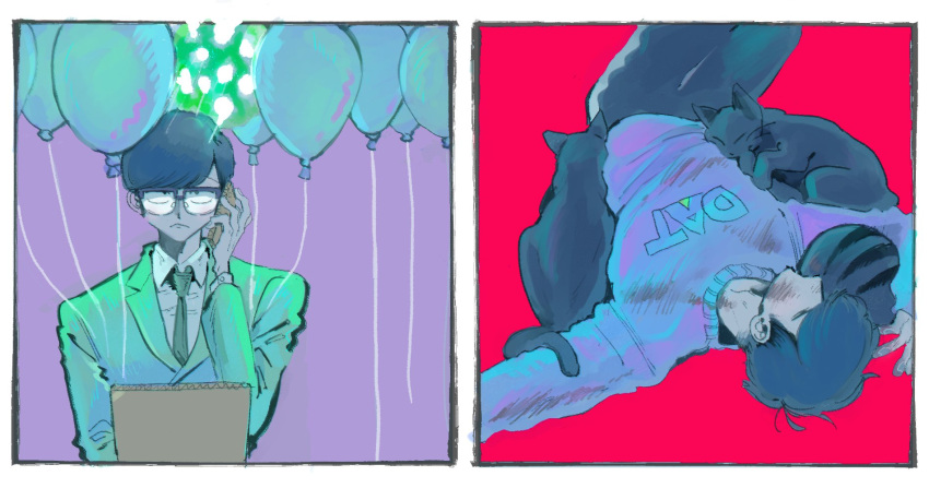 2boys, balloon, bespectacled, brothers, cardboard, cat, closed_eyes, clothes_writing, dirty, dirty_clothes, dirty_face, fake_phone, glasses, highres, korozikoro, lying, male_focus, matsuno_choromatsu, matsuno_ichimatsu, messy_hair, multiple_boys, official_alternate_costume, on_back, osomatsu-san, osomatsu_(series), self-awareness_(osomatsu-san), siblings, split_screen, suit