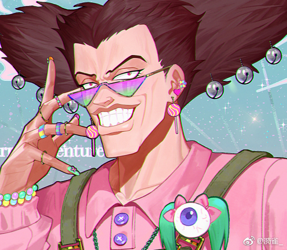 1boy, adjusting_eyewear, alessi, bell, big_hair, blue_background, brown_hair, buttons